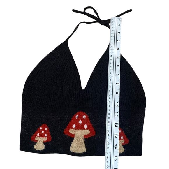 Romwe Black Mushroom Hippie Festival Intarsia Knit Cropped Halter Top SZ S - Picture 12 of 12